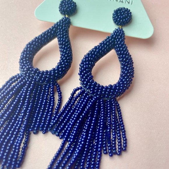 NWT Deepa Gurnani Anthropologie Beaded Fringe Chandelier Earrings Navy Blue - Picture 2 of 7